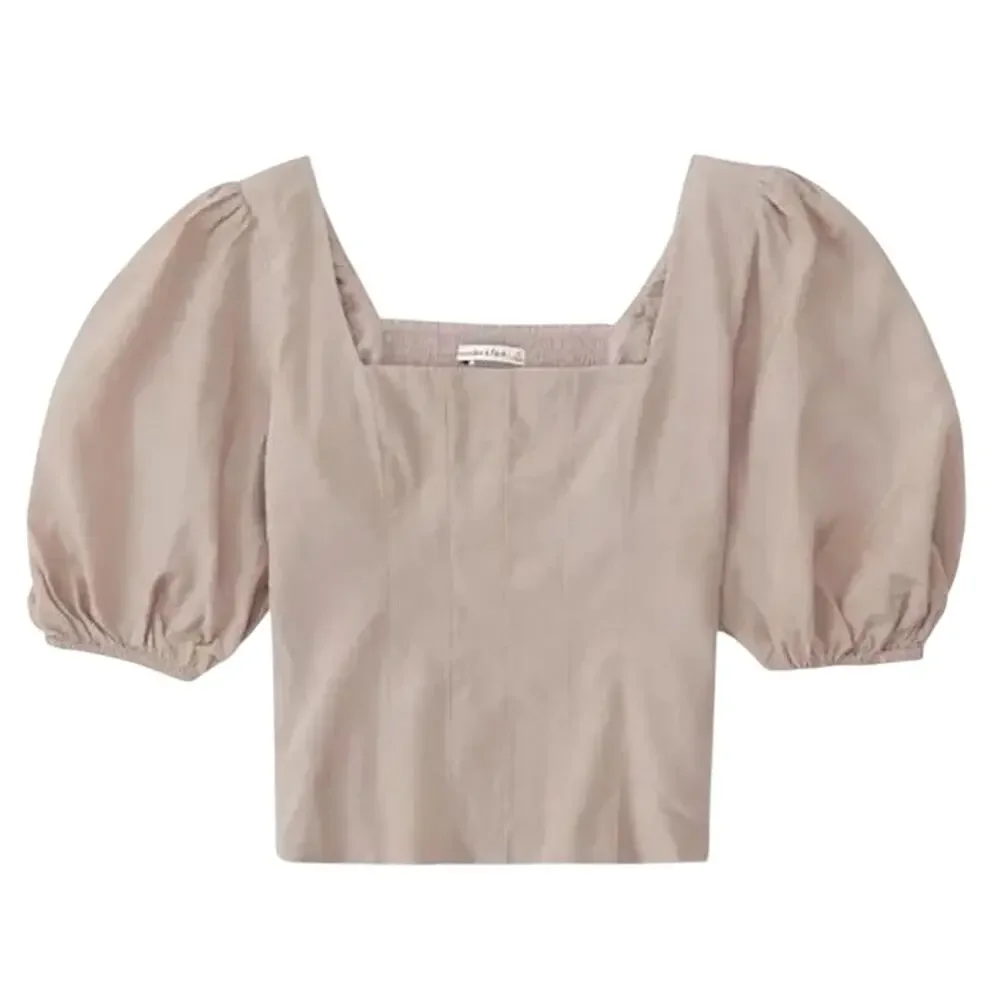 Abercrombie & Fitch Puff Sleeve Shine Cotton Square Neck Top Beige Small Smocked